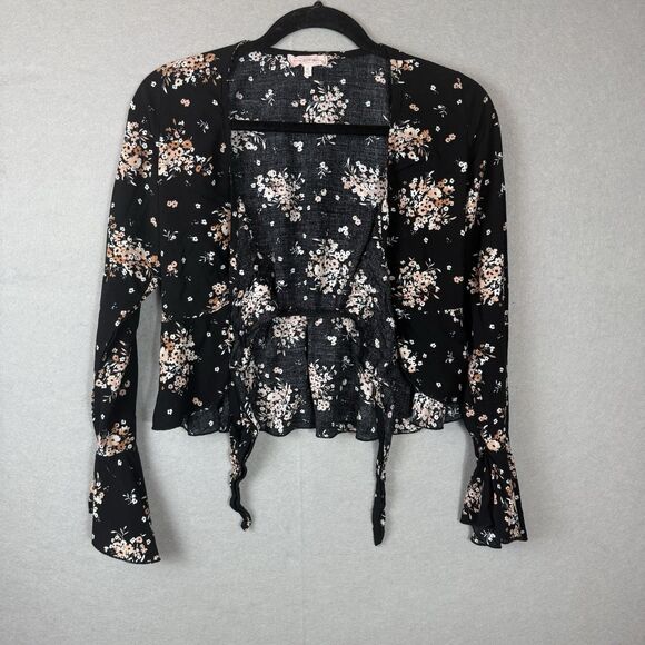 Y2K Black Floral Deep V-Neck Peplum Front Tie Bolero Long Bell Sleeve Sz M - Picture 2 of 8